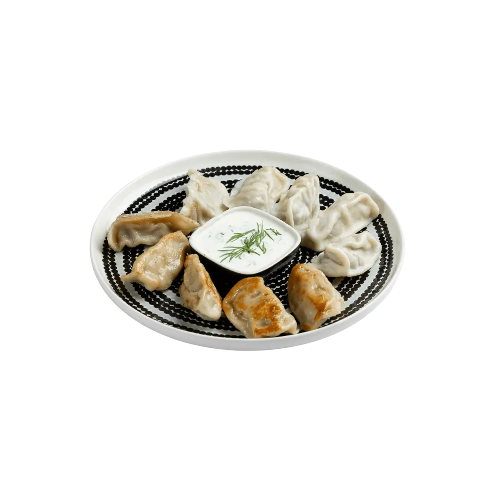 Pan-fried and steamed dumplings with herb yogurt dipping sauce