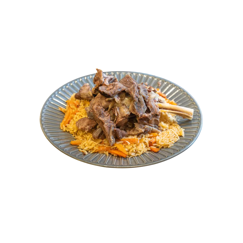 Shredded lamb served over Uyghur rice pilaf with carrots 